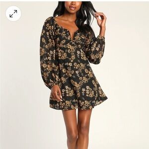NWT Lulus Dressed Up Darling Black Floral Balloon Sleeve Mini Dress - Size XS